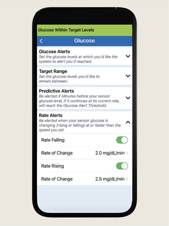 Smartphone screen shows glucose monitoring settings
